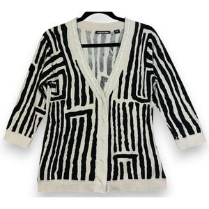 Michael Simon Cardigan Womens M Black White Silk Striped Abstract Geometric 3/4